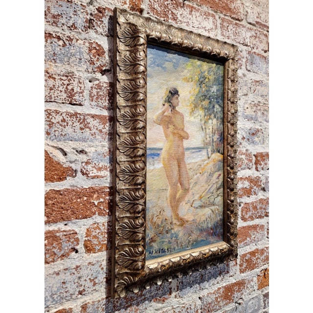 Blue Niels Peter Nielsen- Nude Female Bather at the Beach-1930s Oil Painting For Sale - Image 8 of 9