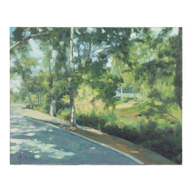 Sidewalk Along the Park - Landscape in Oil on Canvas by Gholam Yunessi For Sale