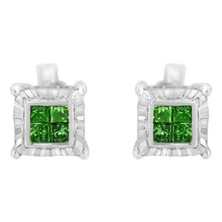 Sterling Silver Color Treated Princess Diamond Quad Stud Earring (1/2 cttw, Green Color, I1-I2 Clarity) For Sale