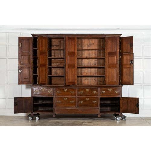 Circa 1800 monumental english georgian breakfront oak estate housekeepers cupboard together w251 x d61.5 x h224 cm base...