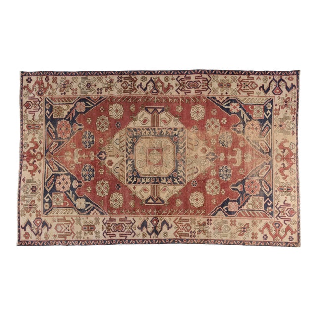 1960s Muted Terracotta & Navy Medallion Turkish Rug For Sale