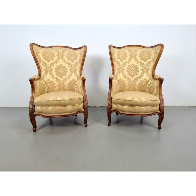 Restored pair of 20 th-century Louis XV wood bergère wingback armchairs