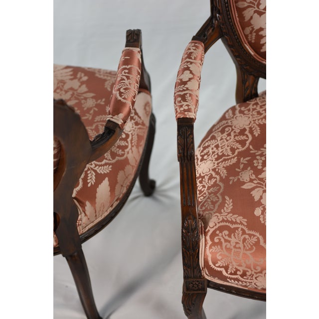 New Scalamandre Damask on 1920s Louis XV-style Bergere Accent Chairs, Reupholstered Pair French Provincial Armchairs For Sale In Washington DC - Image 6 of 9