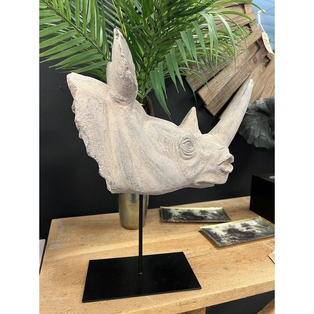 Large Realistic Rhinoceros Head Bust Sculpture on Metal Stand For Sale - Image 6 of 12