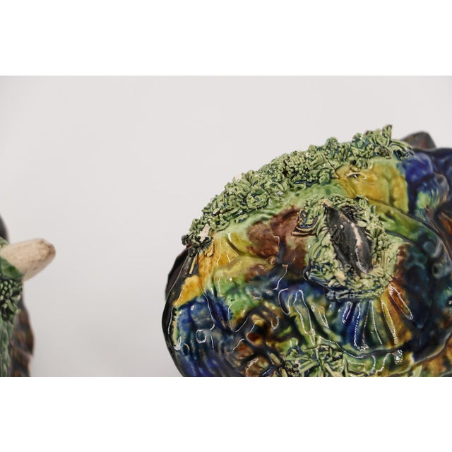 1920s Pair of Two Majolica Oyster Shell Salt Cellars With Mussel Shells Feet, Portuguese Palissy Ware, Earthenware For Sale - Image 16 of 17