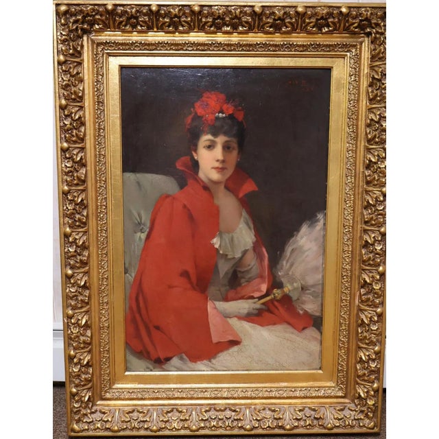 1900s 42" Signed William Henry Hyde Ana Gilded Age Oil Portrait, Socialite in Red Cloak and Ostrich Fan, Antique Gold Frame, Museum Quality For Sale - Image 18 of 18