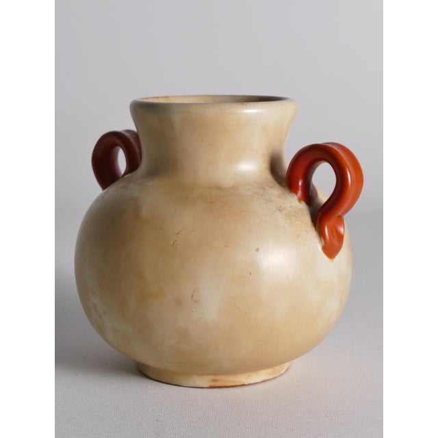 Art Deco Beige Ceramic Vase with Red Handles by Anna-Lisa Thomson for Upsala Ekeby, 1930s For Sale - Image 3 of 16