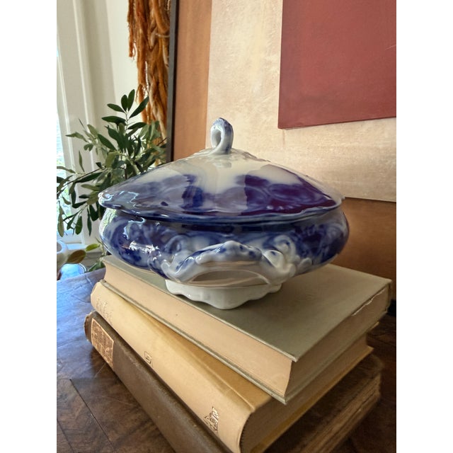 Antique English Flow Blue Covered Tureen | Staffordshire Serving Dish | Attributed Adams & Son | Victorian Transferware For Sale In Chicago - Image 6 of 12