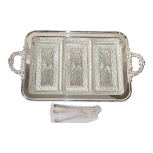 1970s Trademark Leonard Italy Silver Plate Victorian Footed Serving Tray 3 Forks Glass Inserts
