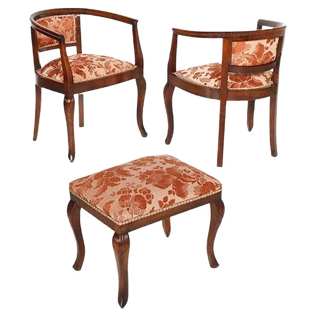 Art Nouveau Italian Carved Walnut Armchairs & Stool Set, 1900s, Set of 3 For Sale