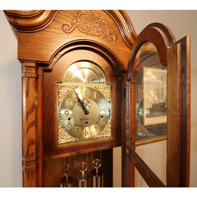 Vintage Howard Miller “Beaumont” Triple-Chime Oak Grandfather Clock, Model 610-259, Circa 1985 For Sale - Image 6 of 17
