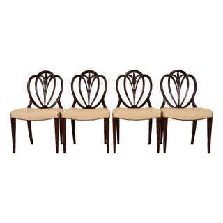 Baker Furniture Style Georgian Carved Mahogany Shield Back Side Chairs or Dining Chairs, Set of Four For Sale