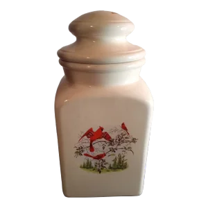 1980s Red Cardinals Hand Painted Beige Lidded Cookie Jar or Canister