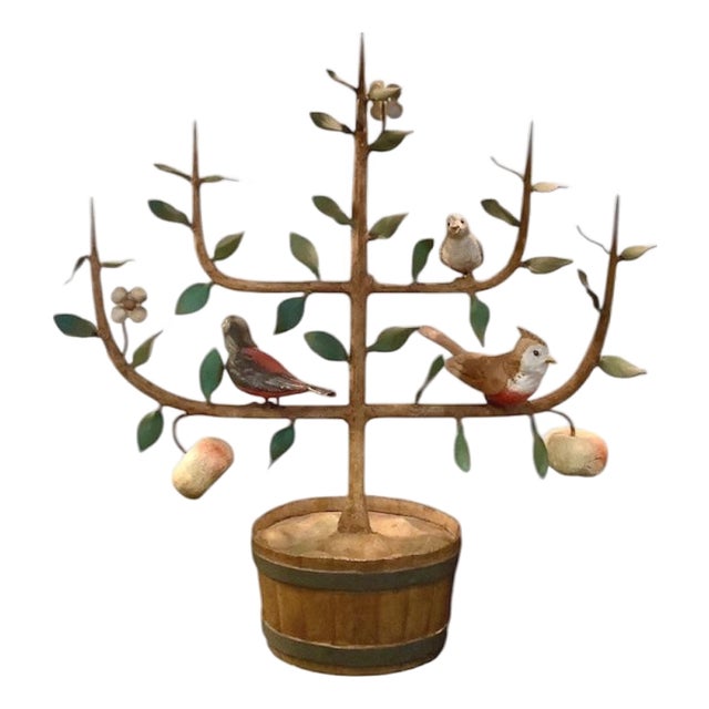 Vintage Italian Tole Espalier / Espaliered Tree Sculpture, Fruit Tree, Birds, Blossoms, & Apples, Manner of Mottahedeh For Sale