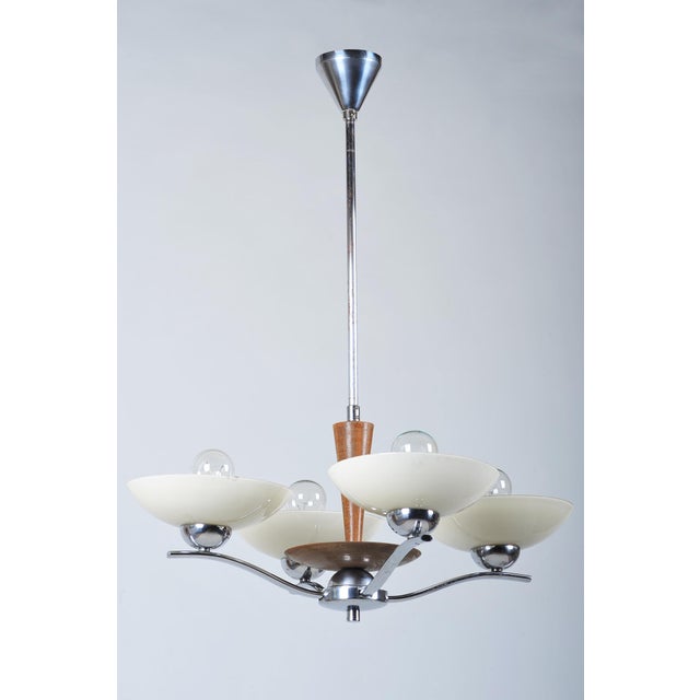 Art Deco Chandelier in Chromed Steel, Beech and Opal Glass, Czech, 1920s For Sale - Image 13 of 13