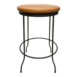 Vintage Mid Century Modern Round Cast Iron Stool Chair With Mahogany Seat For Sale