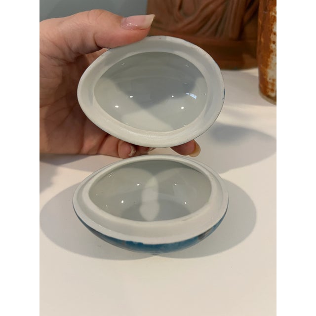 1950s Vintage Porcelain Limoges France Pedestal Egg Trinket Box Teal For Sale - Image 6 of 7