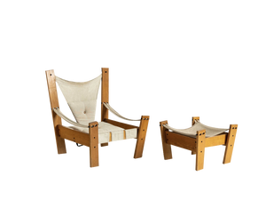 Set of Netherland Easy Chair in Pinewood & Canvas with Stool by John De Haard for Gebroeders Jonkers Noordwolde