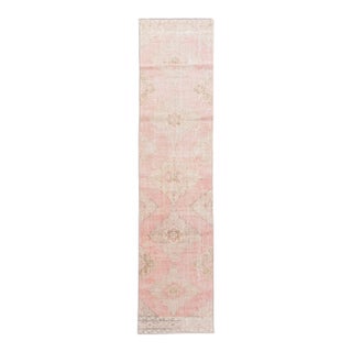 Vintage Turkish Pink and Beige Handmade Medallion Floral Wool Runner For Sale