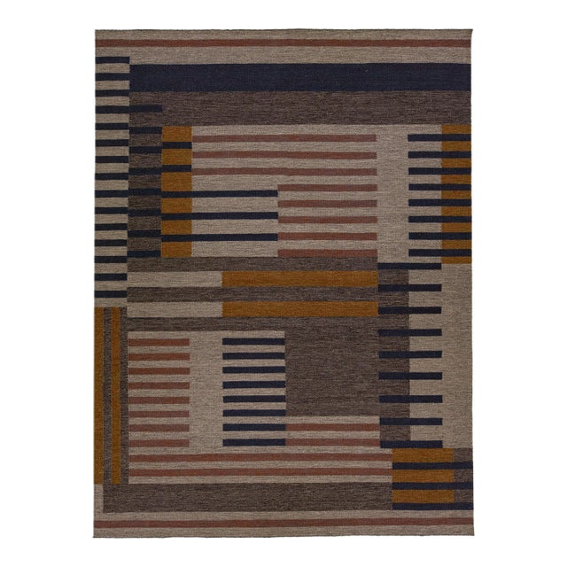 2020s Modern Kilim Flatweave Wool Rug With Art Deco Design in Earthy Tones For Sale