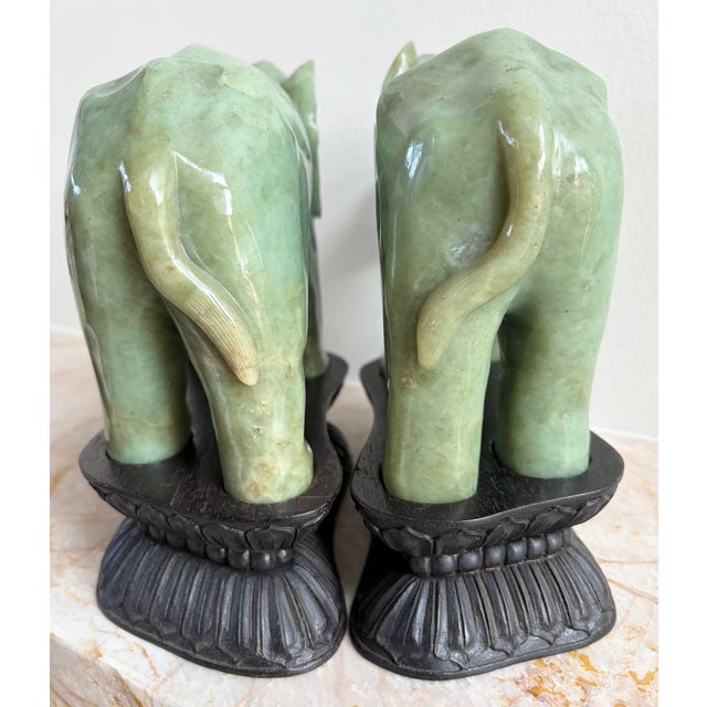 Early 20th Century Antique Chinese Heavy Jadeite Jade Elephant Pair W/ Custom Stands 1920 For Sale - Image 5 of 11