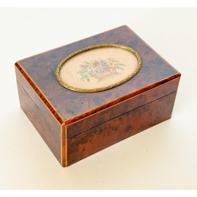 Mid Century Austrian Burlwood Box With Embroidered Insert For Sale In Dallas - Image 6 of 13