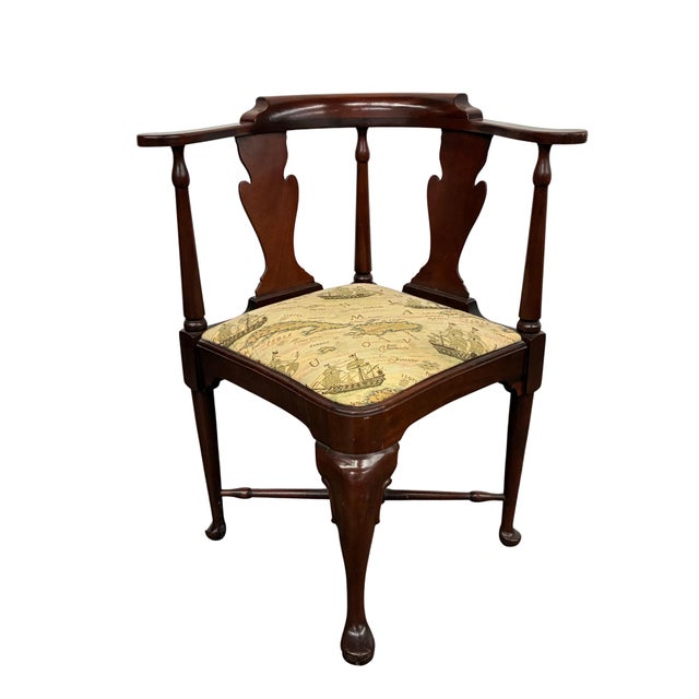 Distinctive vintage Queen Anne-style corner chair featuring a sculptural traditional silhouette and charming nautical-...