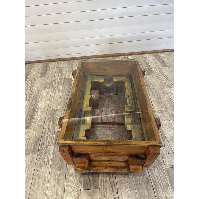 A- 373 vintage industrial coffee table made of wooden molds by locomotive factory in martin [ sk] +-1950 new glass on top...