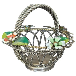 Vintage Metal Braided Basket With Tole Painted Flowers For Sale