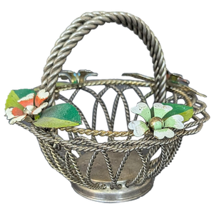 Vintage Metal Braided Basket With Tole Painted Flowers