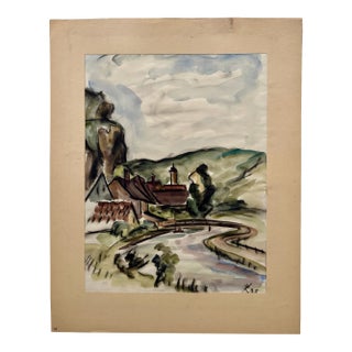 Henry Emil Salloch Original Watercolor on Paper European River Valley, 1935. For Sale
