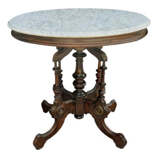 Antique Renaissance Revival Walnut Parlor TableWith White Marble Top For Sale