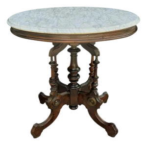 Antique Renaissance Revival Walnut Parlor TableWith White Marble Top