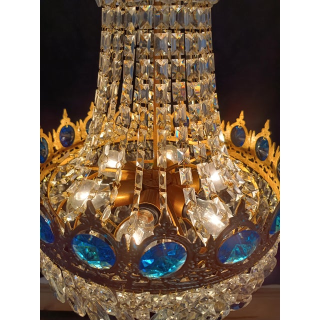 Vintage Brass Aqua Blue Crystal Chandelier For Sale - Image 12 of 12