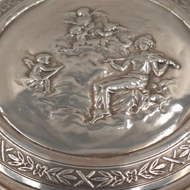 Antique Silver Repoussé Round Trinket Box by Frainier - Cherub & Musician Motif - Circa 1900 - 3" For Sale - Image 6 of 8