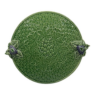 Vintage Bordallo Pinheiro Green Majolica Basketweave Cheese & Cake Platter For Sale