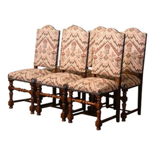 Set of Six Mid-Century French Louis XIII Walnut Dining Chairs With Tapestry Seat For Sale
