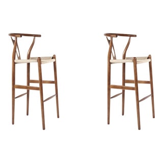 France & Son Walnut Wishbone Barstools - A Pair For Sale