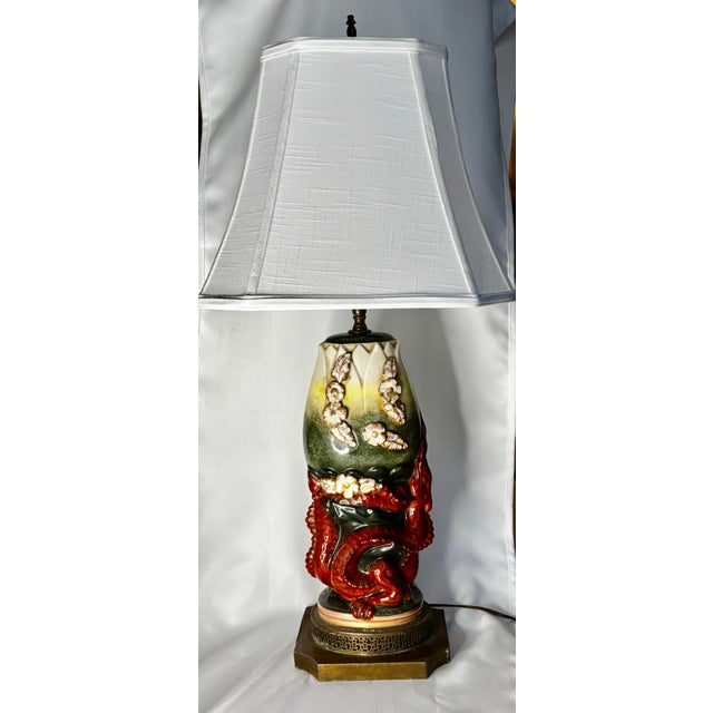 Oxblood Red Sculptural Ceramic Dragon Table Lamp With Applied Flowers and Pierced Metal Base For Sale - Image 8 of 9