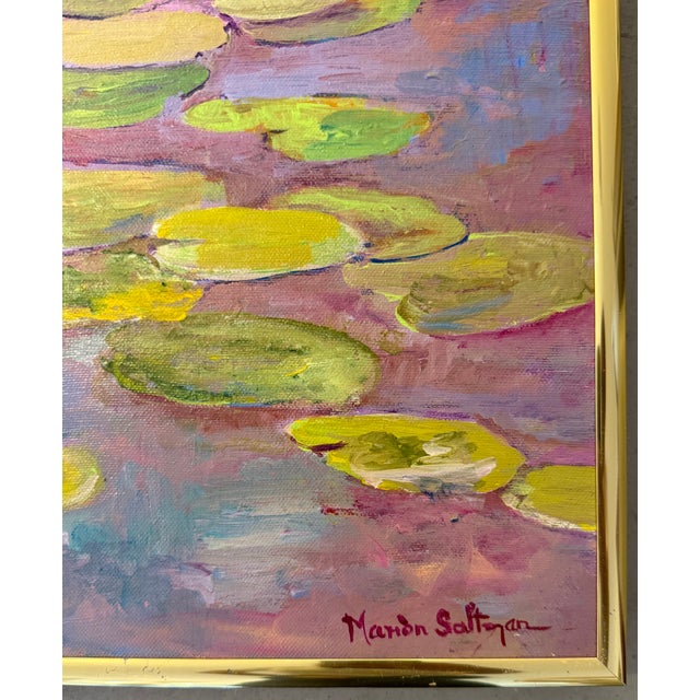 Impressionistic "Water Lily Pond" Oil on Canvas by Marion Saltzman For Sale - Image 4 of 9