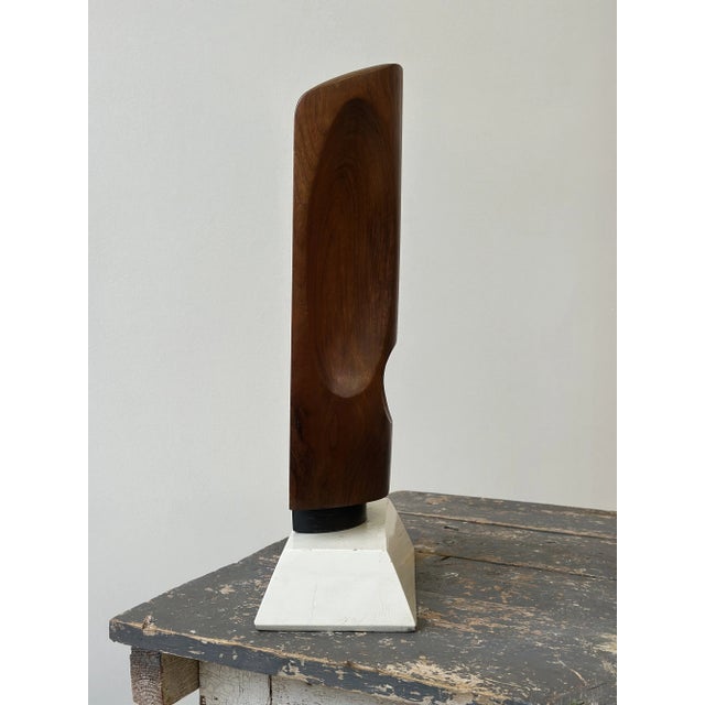 Vintage Large-Scale Kinetic Teak Mask Sculpture Mounted to Painted Wood Tiered Base by Paul Bechtold, Circa Mid 20th Century For Sale - Image 15 of 18