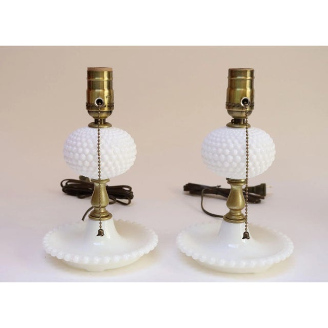 Mid-Century Modern Pair of Petite Mid-Century Modern Hobnail Milk Glass Saucer Boudoir Bedside Table Lamps For Sale - Image 3 of 12