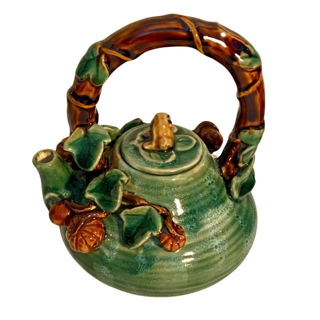 Vintage Majolica Ceramic Teapot Green Glaze With a Frog, Vines, and Hazelnuts. Unique Pottery. Charming. For Sale - Image 9 of 9