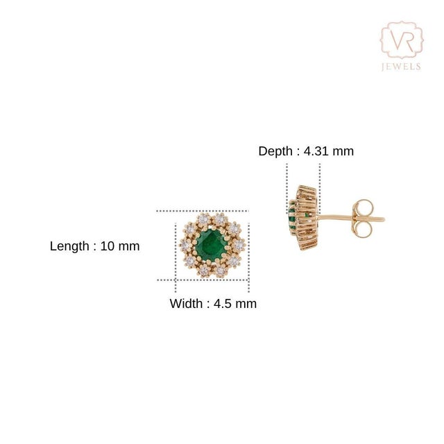 1.08ct Round Emerald & Diamond Halo Cluster Stud Earrings in 14k Yellow Gold- A Pair For Sale - Image 10 of 15