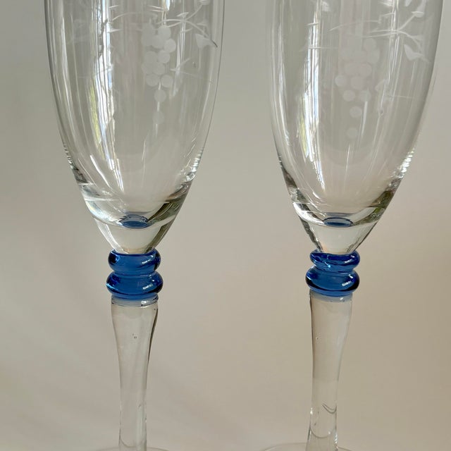 Vintage Champagne Flutes Etched Grape Design With Blue Stem Detail - Set of 2 For Sale - Image 4 of 6