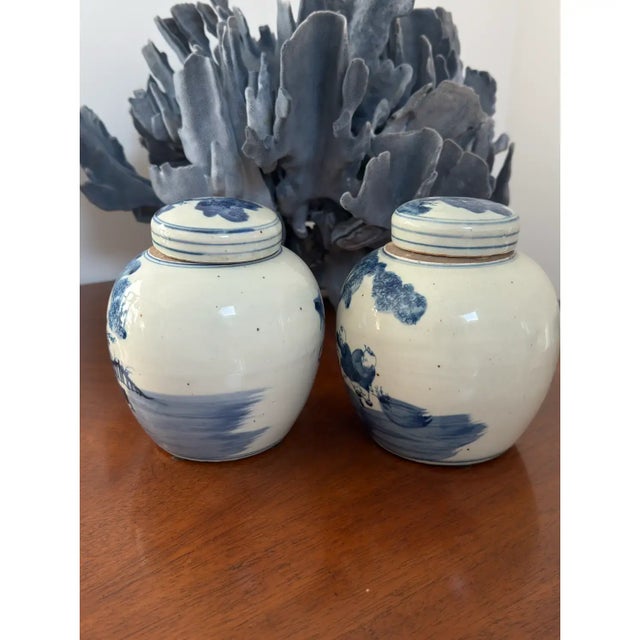 2010s Pair of Small Blue & White Ginger Jars With Classic Chinese Motif For Sale - Image 5 of 7