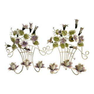 Vintage Tole 3 Candle Sconces With Morning Glories on a Trellis - A Pair For Sale