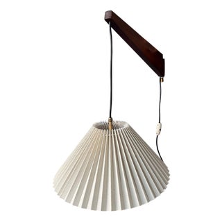 Mid-Century Teak Fishing Rod Wall Lamp with Pleated Shade For Sale