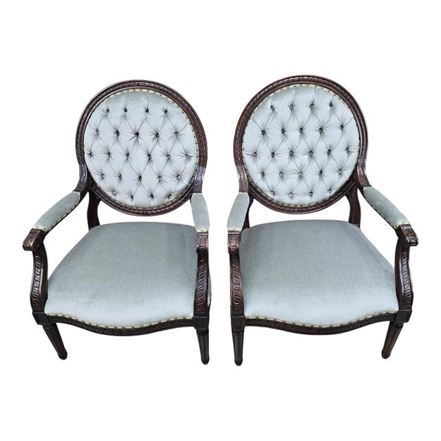 Vintage Louis XVI Style Medallion Back Armchairs Newly Reupholstered - Pair For Sale