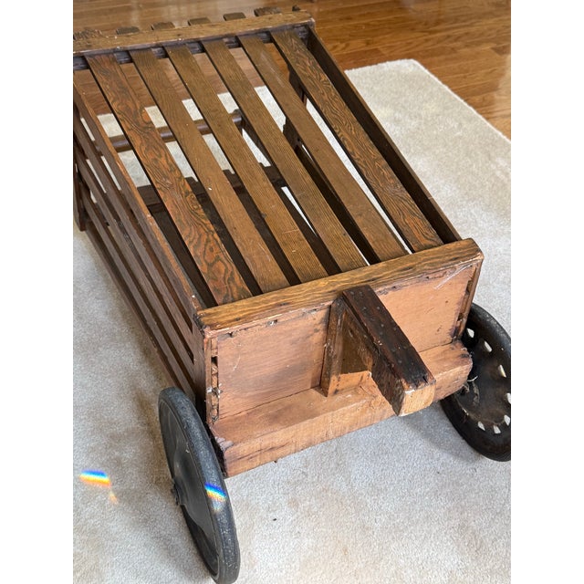 Wood Antique Slat Wood Grocery Shopping Cart Wheeled Basket For Sale - Image 7 of 9